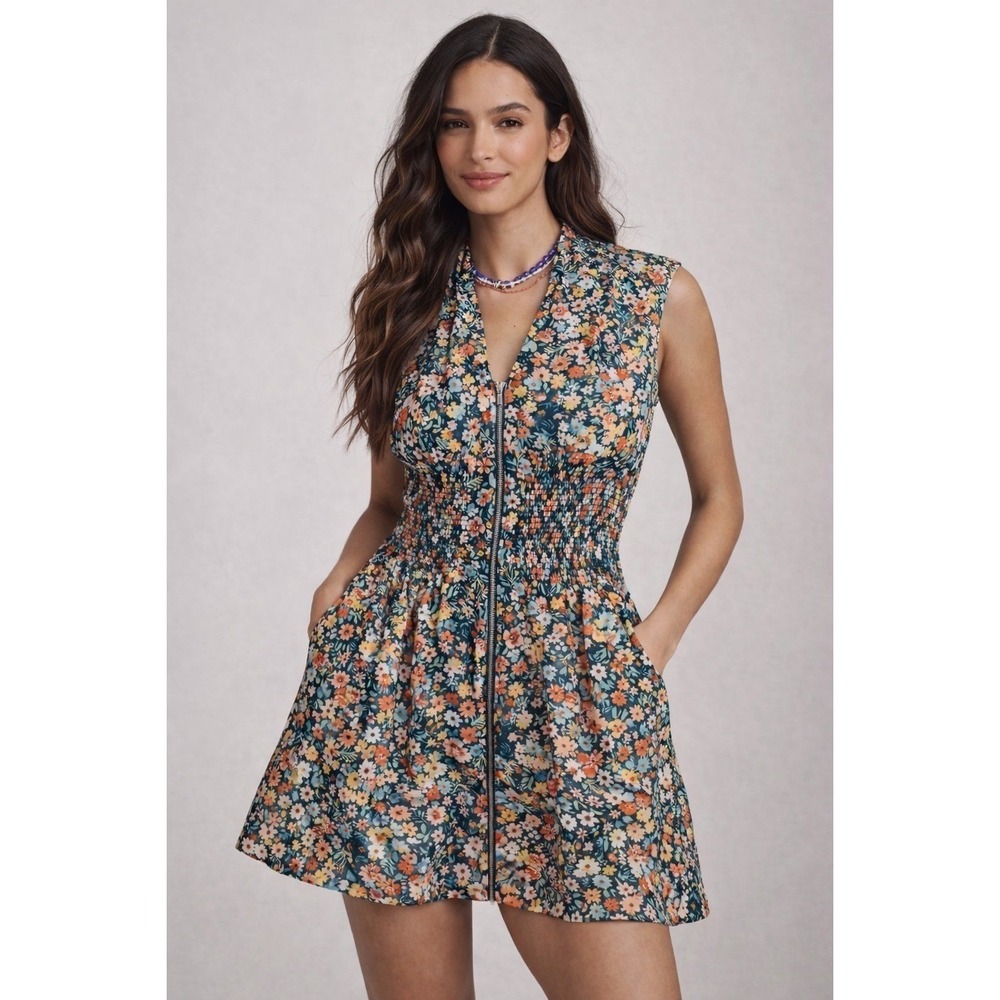 Anthropologie Floral Mini Dress in Navy with Peach and Cream Flowers